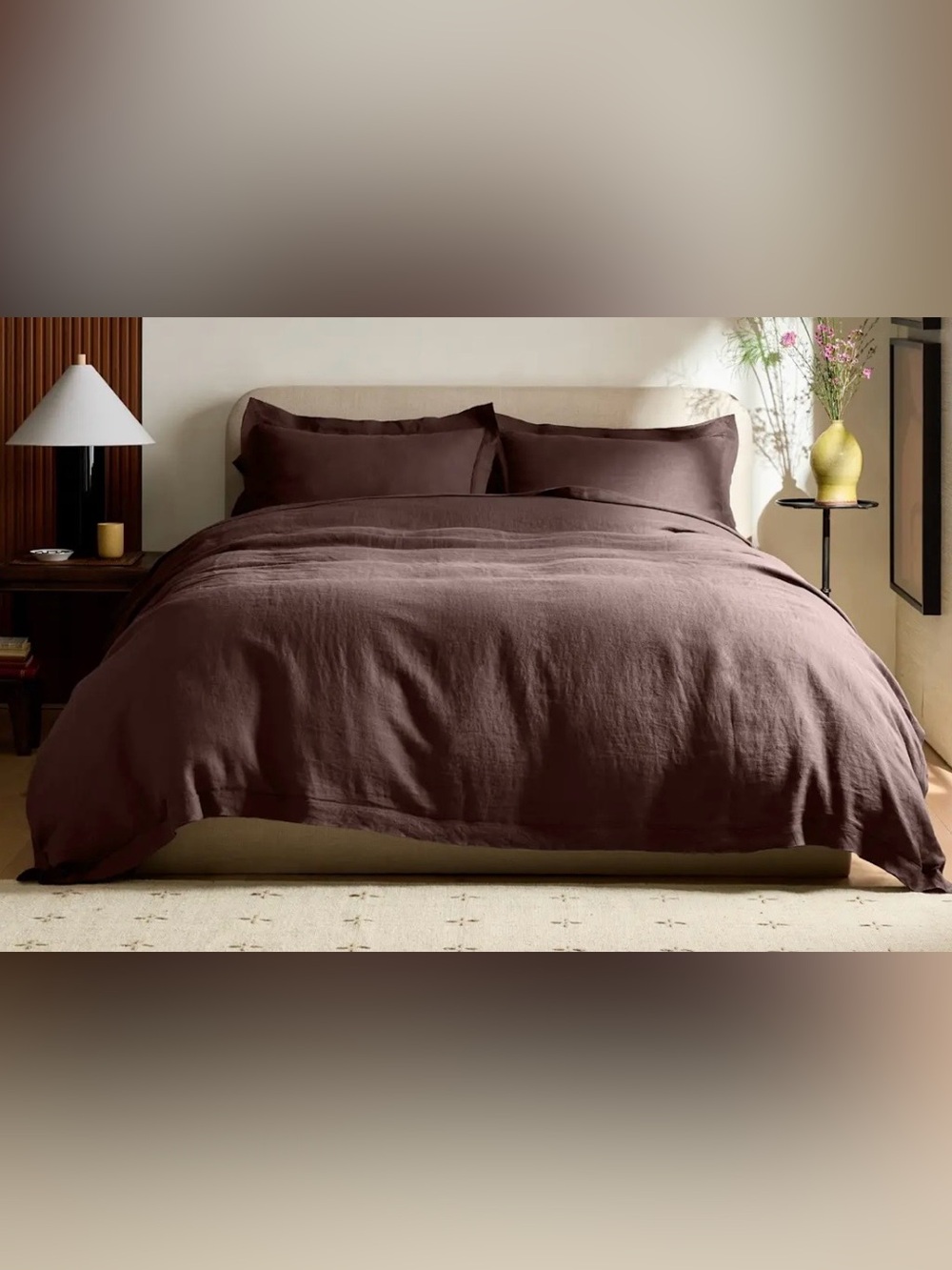 Quince European Linen Double Flange 3 Pc Duvet Cover Set, Full/Queen (Espresso)